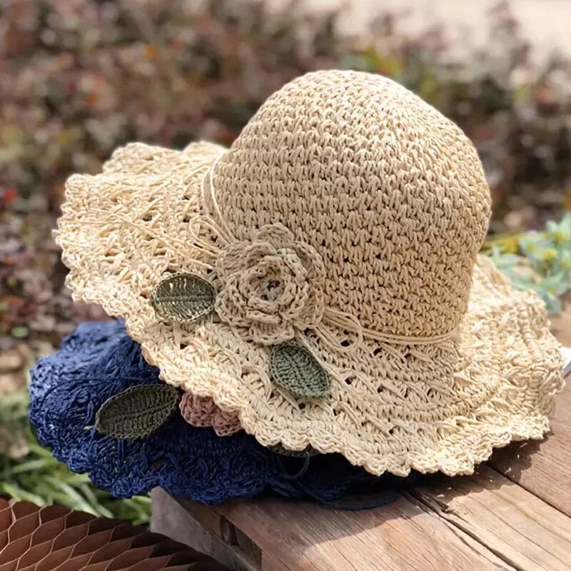 Elegant Crochet Flower And Green Leaf Straw Hat With Ruffle Detail, Foldable Women'S Summer Beach Hat, Large Area, Sun Protection, Hand-Washable