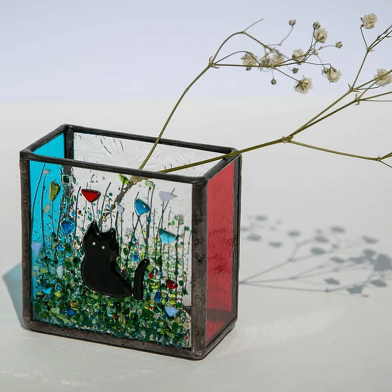 Cats Stained Glass Vase