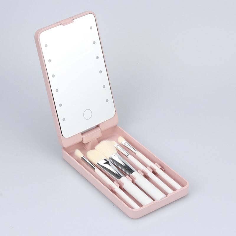 Travel Makeup Brush Set With LED Light Mirror