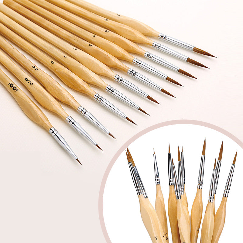 11 Pcs Miniature Detail Paint Brush Set With Natural Wood Handle