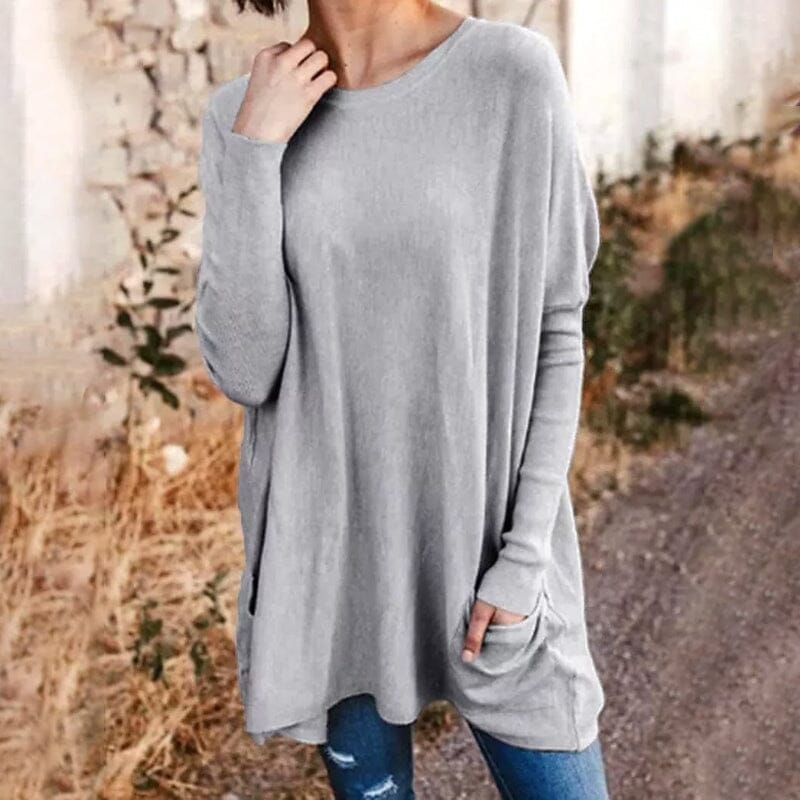Round Neck Long Sleeve Loose Pocket Solid T-Shirt