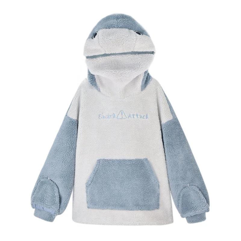 Shark Embroidery Zipper Letter Plush Hoodie