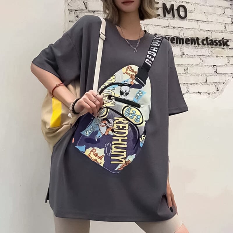 Women’s Unique Crossbody Bag Short Sleeve T-shirt with Zipper Pocket