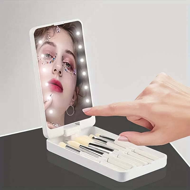 Travel Makeup Brush Set With LED Light Mirror