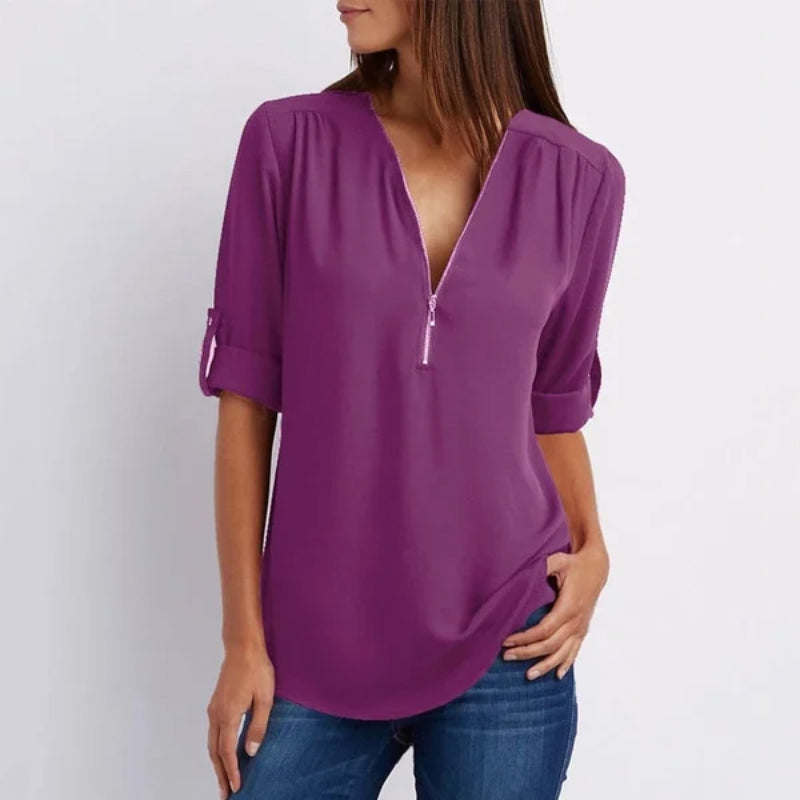 V-Neck Zippe Plain Blouses