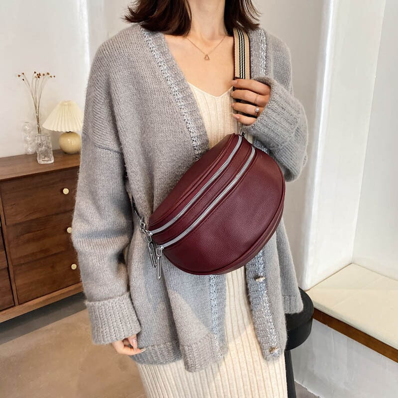 Multi-Pocket Women Leather Solid Crossbody Chest Bag