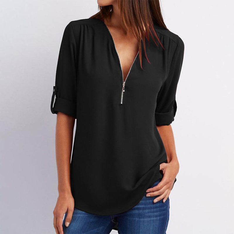 V-Neck Zippe Plain Blouses