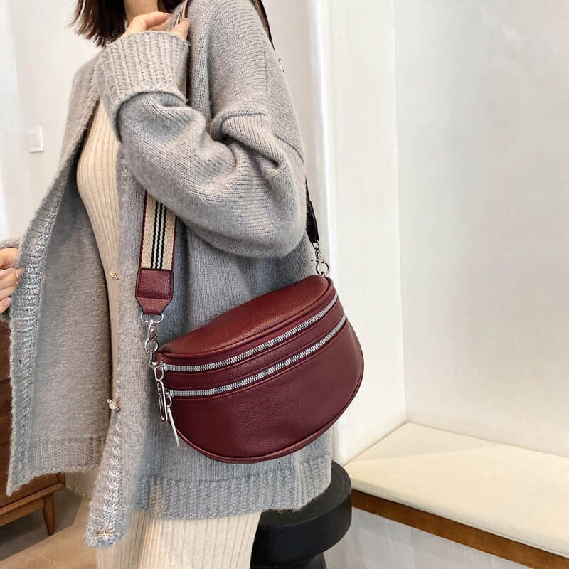 Multi-Pocket Women Leather Solid Crossbody Chest Bag