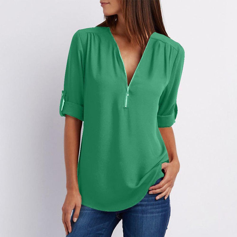 V-Neck Zippe Plain Blouses