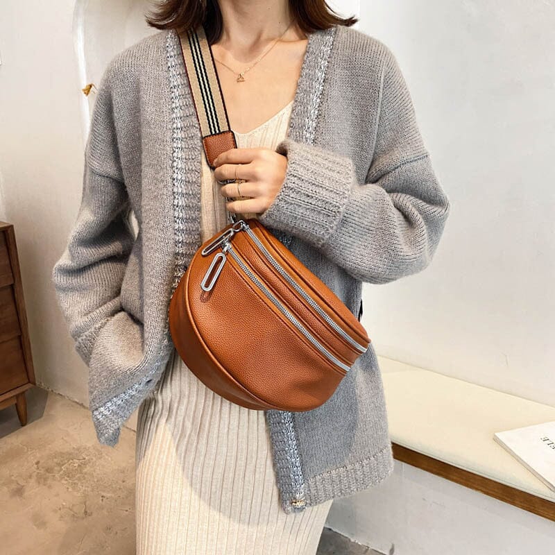 Multi-Pocket Women Leather Solid Crossbody Chest Bag