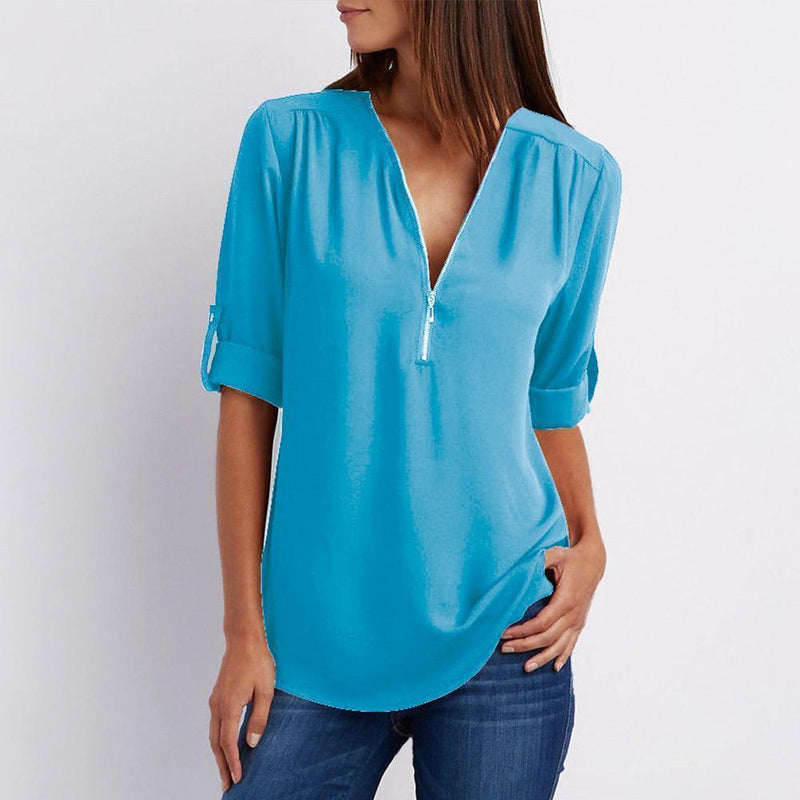 V-Neck Zippe Plain Blouses