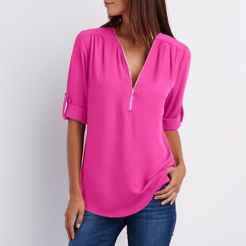 V-Neck Zippe Plain Blouses