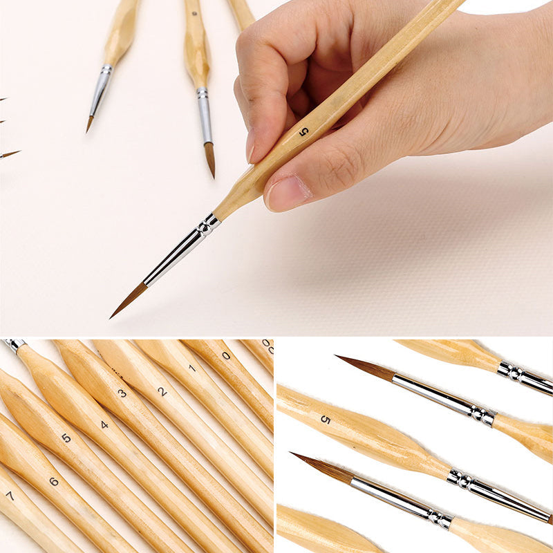 11 Pcs Miniature Detail Paint Brush Set With Natural Wood Handle