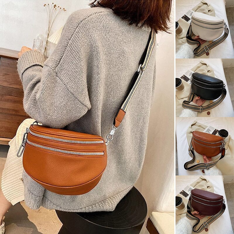 Multi-Pocket Women Leather Solid Crossbody Chest Bag