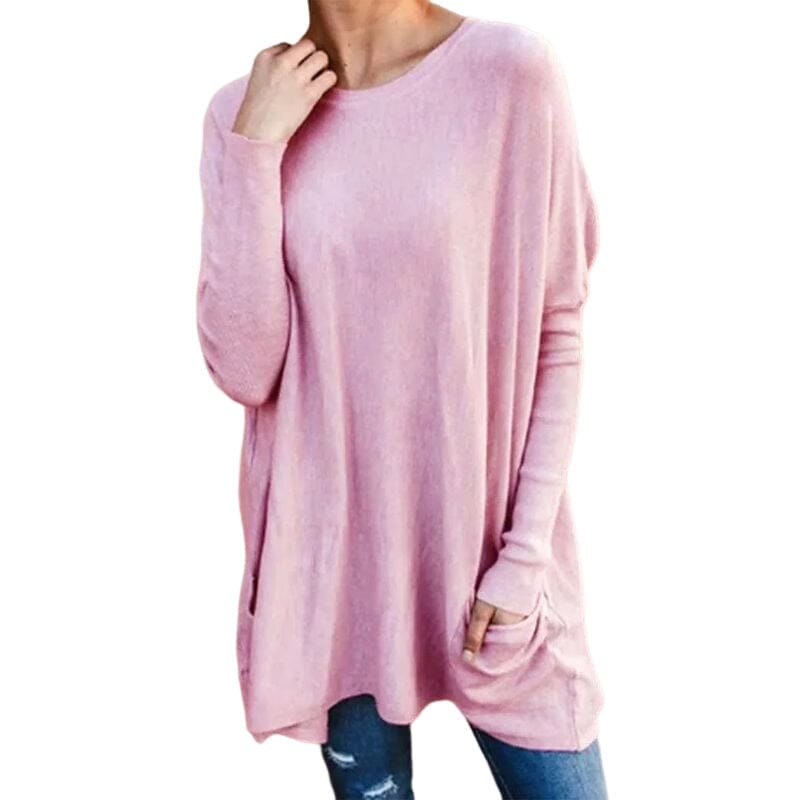 Round Neck Long Sleeve Loose Pocket Solid T-Shirt